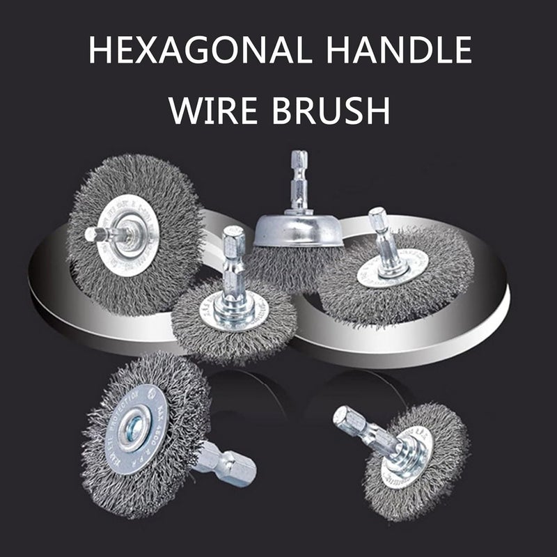 6Pcs Carbon Steel Wire Brush Wheel Cup Set with 1 4 Inch Hex Shank for Drill Stripping - Image 4